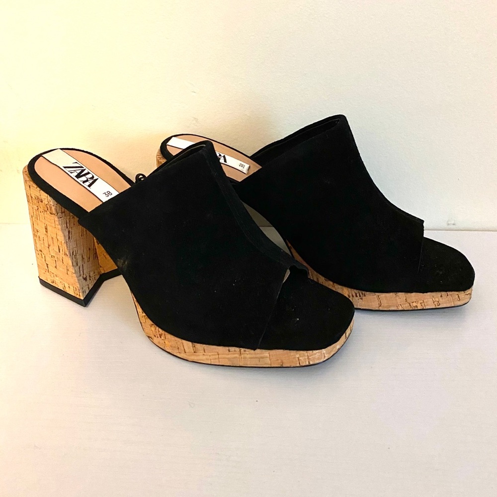 Zara Black Suede Platform Cork Heels